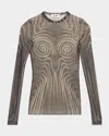 Jean Paul Gaultier Mesh Top With Geometric Pattern And Spiral Print In Blackgreyecru