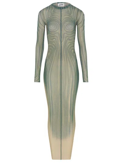 Jean Paul Gaultier Mesh Long Dress With Spiral Print And Ruffles In Green