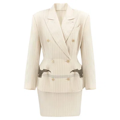 Pre-owned Jean Paul Gaultier Spring 88 Pinstripe Tailored Skirt Suit W Lace Eagle Appliqué In Sand