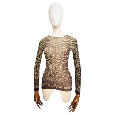 Pre-owned Jean Paul Gaultier Spring Summer 1996 Mesh Tribal Tattoo Long Sleeve Top T Shirt In Sand