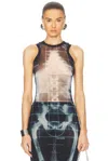 Jean Paul Gaultier Sheer X-ray Print Sleeveless Bodysuit In Black  Navy  & Light Blue