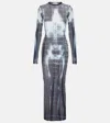 Jean Paul Gaultier Squeletor Sheer Tulle Maxi Dress In Black/navy/lightblue