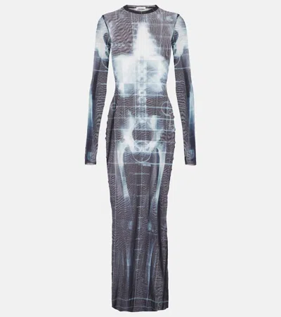 Jean Paul Gaultier Squeletor Sheer Tulle Maxi Dress In Black/navy/lightblue