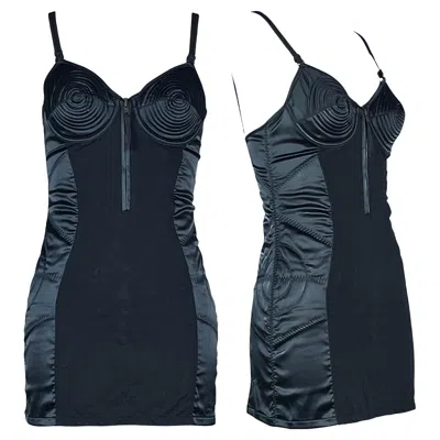 Pre-owned Jean Paul Gaultier S/s 1989 Black Satin Panel Cone Bra Mini Dress