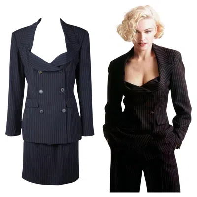 Pre-owned Jean Paul Gaultier S/s 1989 Pinstripe Draped Lapel Madonna Set In Black