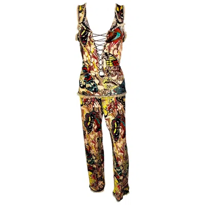 Pre-owned Jean Paul Gaultier S/s 2003 Butterfly Print Top & Pants Ensemble 2 Piece Set In Sand