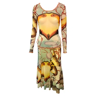 Pre-owned Jean Paul Gaultier S/s 2005 Mesh Abstract Salvador Dali Top & Skirt 2 Piece Set In Sand