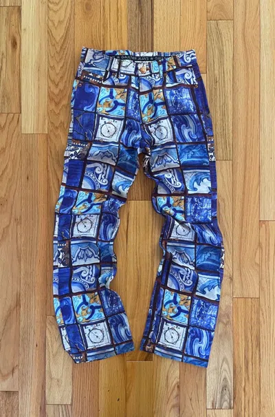 Pre-owned Jean Paul Gaultier Ss2001  Silk Tapestry Print Pants In Blue
