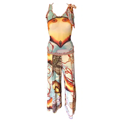 Pre-owned Jean Paul Gaultier S/s2005 Abstract Salvador Dali Print Top & Pants 2 Piece Set In Sand