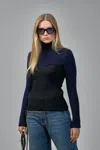Jean Paul Gaultier Stretch Merino Wool Ribbed High Neck Sweater In Blue