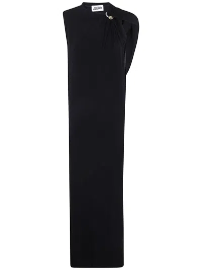 Jean Paul Gaultier Stretch Viscose Double Layer Long Dress With "gaultier" Piercing Clothing In Black