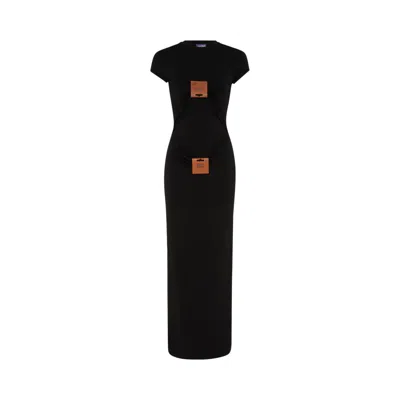 Pre-owned Jean Paul Gaultier Stretch Viscose Jersey Long Dress With Leather Tag Detail 'black' | Women's Size