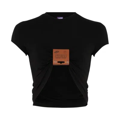 Pre-owned Jean Paul Gaultier Stretch Viscose Jersey Tee With Leather Tag Detail 'black' | Women's Size Xs