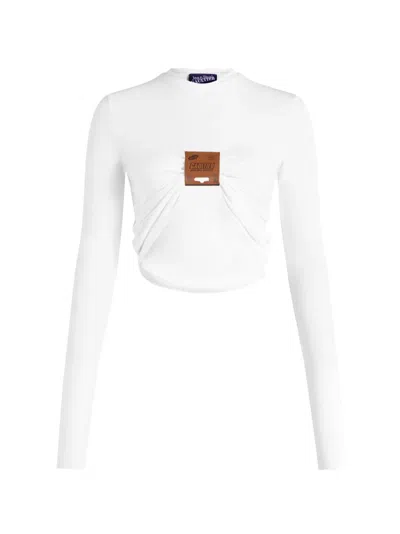 Jean Paul Gaultier Stretch-viscose-jersey Long-sleeves Top With Leather-tag Detail In White
