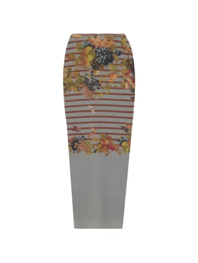 Jean Paul Gaultier Striped Floral Midi Skirt In Brown