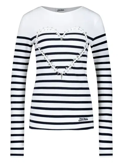 Jean Paul Gaultier Striped Heart-detail Long-sleeved T-shirt In Gray