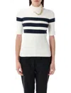 Jean Paul Gaultier Embellished Striped Ribbed-knit Turtleneck Sweater In White