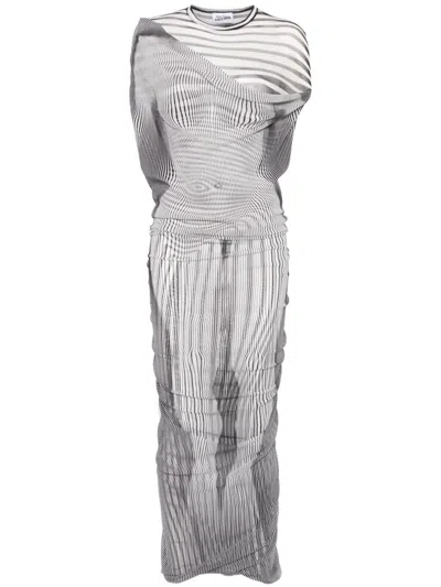 Jean Paul Gaultier Mariniere Body Morphing Layered Mesh Maxi Dress In 0100-whiteblack