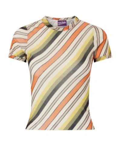 Jean Paul Gaultier Retro Stripe Print Crop Mesh Baby Tee In Multi