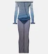 Jean Paul Gaultier Elegant Mesh Boat Neck Long Dress With 3d Collar And Cuff In Blue