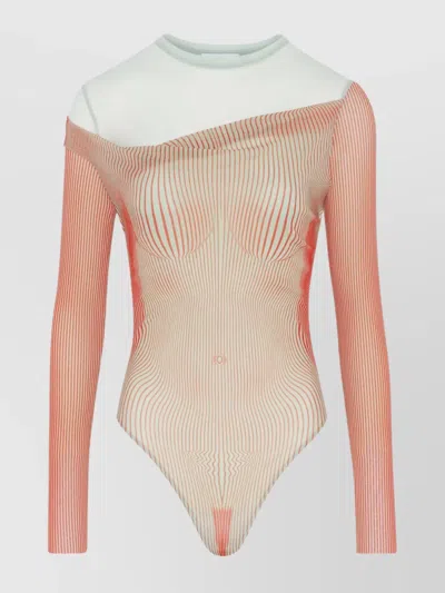 JEAN PAUL GAULTIER STRIPED SHEER OFF-THE-SHOULDER LONG SLEEVE BODYSUIT