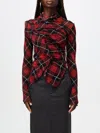 Jean Paul Gaultier Draped Plaid Long Sleeve Mesh Top In Rot