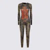 Jean Paul Gaultier Mesh Crew Neck Catsuit Printed Medaillon In Green