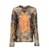 Jean Paul Gaultier Medallion Print Long Sleeve Mesh Top In Multi