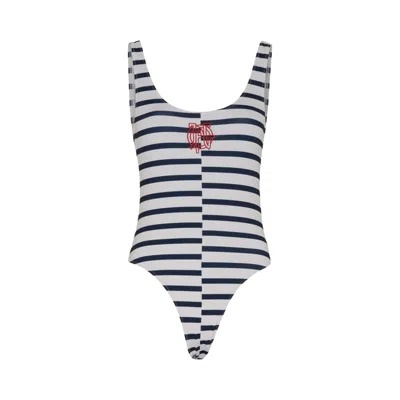 Pre-owned Jean Paul Gaultier Swimsuit Printed "asymetric Mariniere" 'white/navy' | Women's Size M