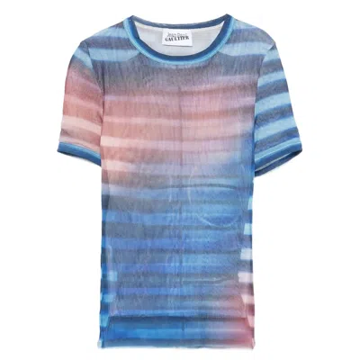 Jean Paul Gaultier Striped Slim Fit Round Neck Top In Blue