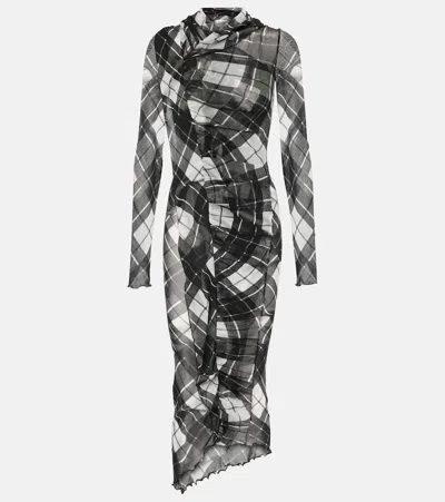 Jean Paul Gaultier Distorted Tartan-print Draped Mesh Maxi Dress In Multi