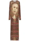 Jean Paul Gaultier Long Dress Printed Tartan Face Woman Multicolor In Polyamide In Beige