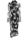 Jean Paul Gaultier Distorted Tartan-print Draped Mesh Maxi Dress In Black