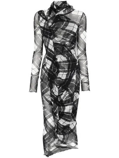 Jean Paul Gaultier Distorted Tartan-print Draped Mesh Maxi Dress In Multi