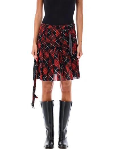 Jean Paul Gaultier Pleated Mesh Short Skirt Printed Distorted Tartan In Red Black