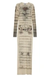 Jean Paul Gaultier Mesh Tattoo Striped Long Dress In Ecru/black/red