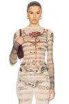Jean Paul Gaultier Tattoo Mariniere Mesh Long-sleeve Top In Ecru  Black  & Red