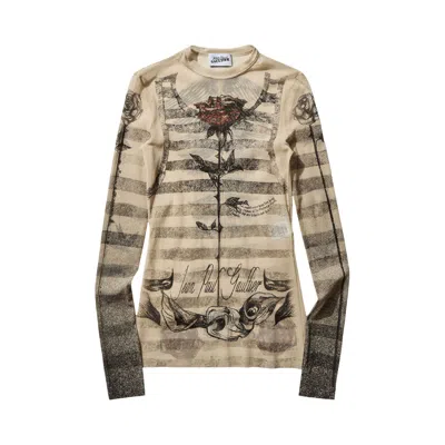 Pre-owned Jean Paul Gaultier Tattoo Mariniere Long-sleeve Top 'ecru/black/red' | Women's Size Xxs