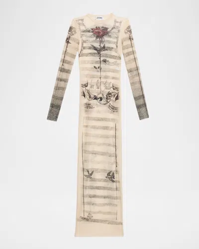 Jean Paul Gaultier Tattoo Mariniere Mesh Long-sleeve Maxi Dress In Multi