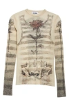 Jean Paul Gaultier Tattoo Mariniere Mesh Long-sleeve Top In Ecru/black/red