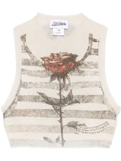 Jean Paul Gaultier Printed Tattoo Mariniere Crop Top Woman Ecru In Neutrals