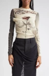 Jean Paul Gaultier Tattoo Print Cutout Double Layer Mesh Thong Bodysuit In Multi