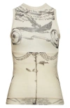 Jean Paul Gaultier Tattoo Print Double Layer Mesh Tank In Ecru/black/red