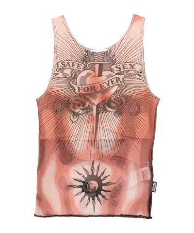 Jean Paul Gaultier Tattoo Print Mesh Tank Top In Brown