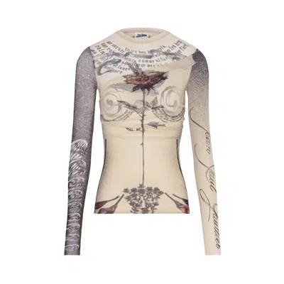 Pre-owned Jean Paul Gaultier Tattoo Rose & Bird Double Layer Mesh Top 'ecru/black/red' | Women's Size L