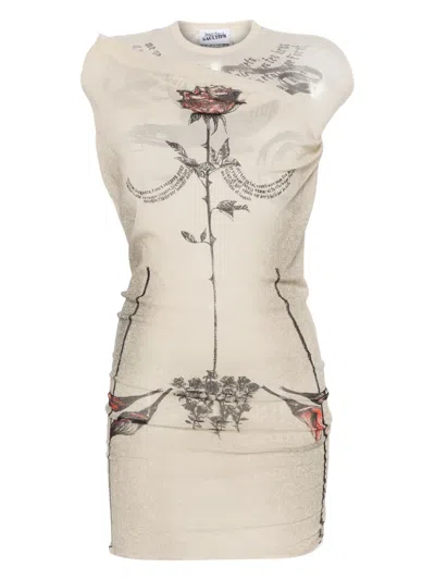 Jean Paul Gaultier Tattoo Rose And Bird Mini Dress In Neutrals