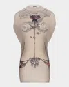 Jean Paul Gaultier Tattoo Rose And Bird Print Layered Mesh Mini Dress In Neutral
