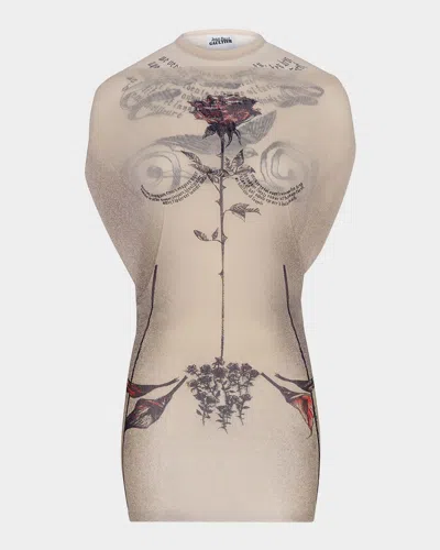 Jean Paul Gaultier Tattoo Rose And Bird Print Layered Mesh Mini Dress