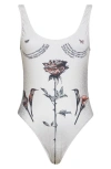 Jean Paul Gaultier Women S “tattoo Roses” Swimsuit Ecru In Ecru/black/red