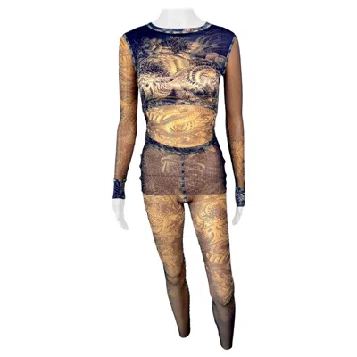 Pre-owned Jean Paul Gaultier Tattoo Sheer Fishnet Mesh Top & Leggings Pants 2 Piece Set In Brown